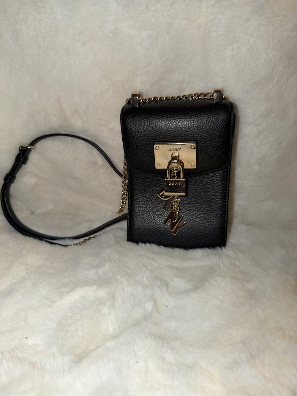 DKNY Black Leather Crossbody with Gold Lock Charm